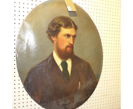 A late 19th century early 20th century oval unframed oil on canvas, portrait of a gentleman 