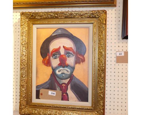 An oil on board portrait of an unhappy clown, signed indistinctly, in a gilt frame 