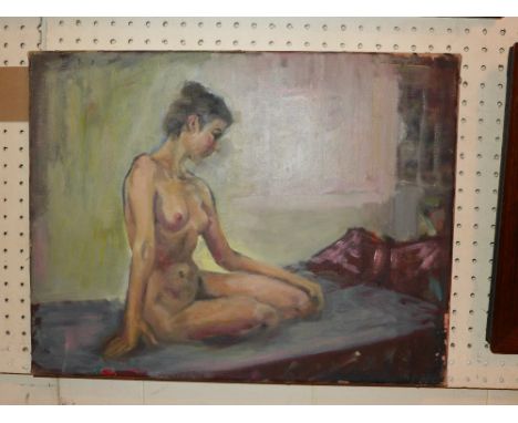 A 1960's /70's unframed oil on canvas, nude portrait of a lady in artists pose