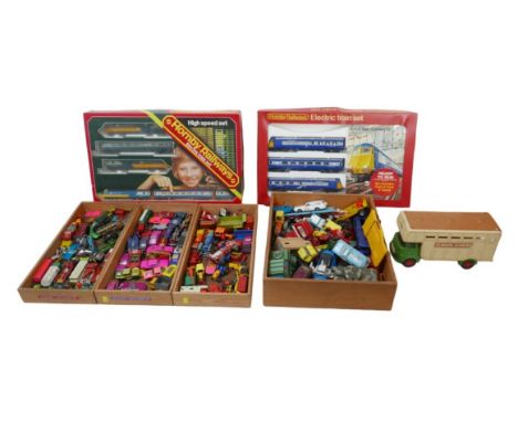 A collection of various die-cast model toy vehicles, including Corgi and Lesney, together with two Hornby Dublo train sets, H