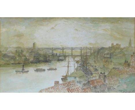 T. S. Hutton (British, 1865-1935): Tyne bridge, Newcastle, watercolour, signed, 39 by 24cm, glazed and framed, 59 by 43.5cm.