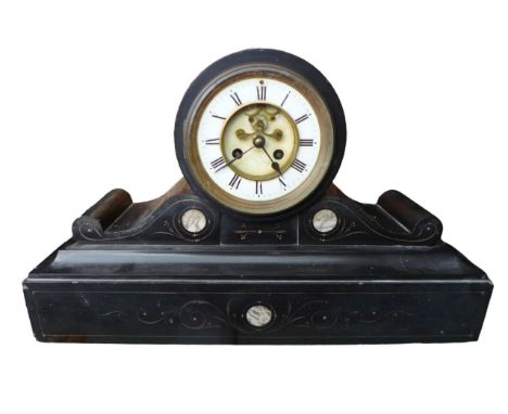 A Victorian slate mantel clock, with visible escapement, the barrel form dial and movement on a wide stepped base, a/f.