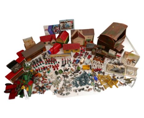 A collection of lead and plastic model figures, mostly Farm, Zoo, Military, and Cowboys &amp; Indians series, various buildin