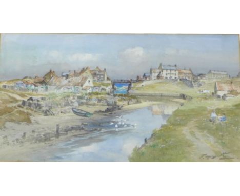 T. S. Hutton (British, 1865-1935): coastal scene with sluice gate, watercolour, signed, 45 by 26.5cm, glazed and framed, 65.5