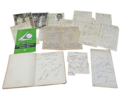 An album of mid 20th century cricket autographs, including the 1945 England team for the fourth unofficial test, featuring Wa