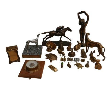 A group of metal wares, including an Art Deco style nude female sculpture, 33cm high, a modern Bayard brass carriage clock, 8