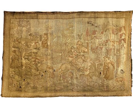 An antique tapestry, possibly Flemish 17th century, depicting St George and The Dragon, in continuous cyclical narration, gro