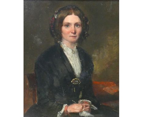 British School (19th century): a half length portrait of a seated Victorian lady in mourning, 25.5 by 21cm, framed, 38.5 by 3