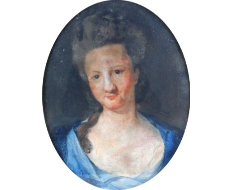 British School (19th century): oval portrait of a lady in blue dress, pastel on paper, unsigned, in oval gilt frame.