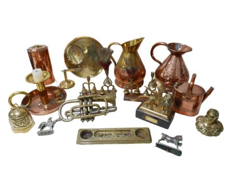 A collection of assorted brass and other metal wares, including a brass figurine of a chimera 'Lion of St. Mark 1898' on wood