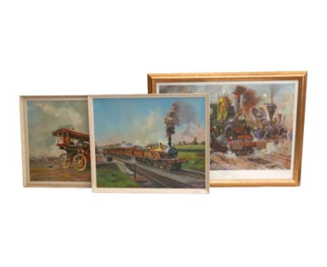 P. Bradshaw 1982: an oil on board painting of a steam locomotive pulling out of a station, 54 by 62.5cm, framed, together wit