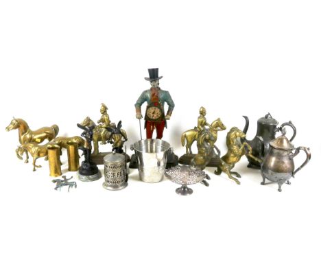 A collection of mixed metal wares, including brass figures of horses and two cavalry door stops, EPNS tea and coffee pots, a 