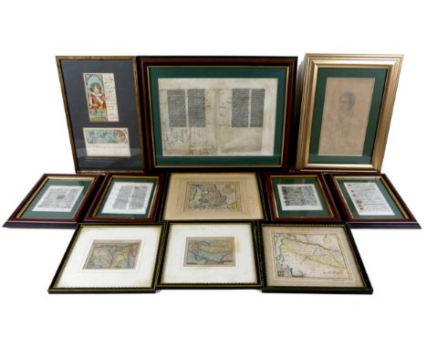 A group of maps and illuminated manuscript pages, including 18th century maps of Persia, Aegyptus, England, 'A Map of Renfrew