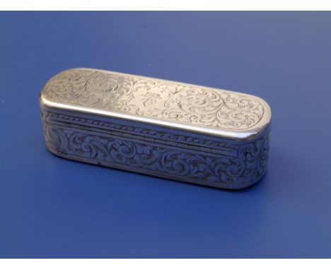 A Victorian crested silver snuff box with overall arabesque leaf scroll engraved decoration, gilt interior, WS, Birmingham 18