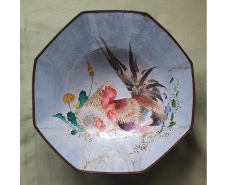 A large Japanese cloisonne enamel octagonal bowl, decorated with a cockerel and hen with flowers,  9.25" diameter.