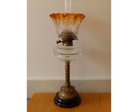 A 19thC  German brass oil lamp by Hugo Schneider of Leipzig, 18.5" excluding shade.