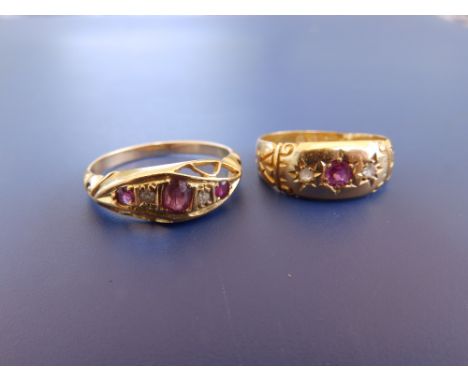 A small gypsy set 18ct gold ruby &amp; diamond ring, Chester marks and  one other. (2)