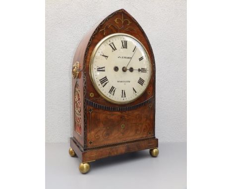 A large early 19thC brass-inlaid mahogany striking bracket clock by J &amp; E Mason of Worcester, the case of pointed arch sh