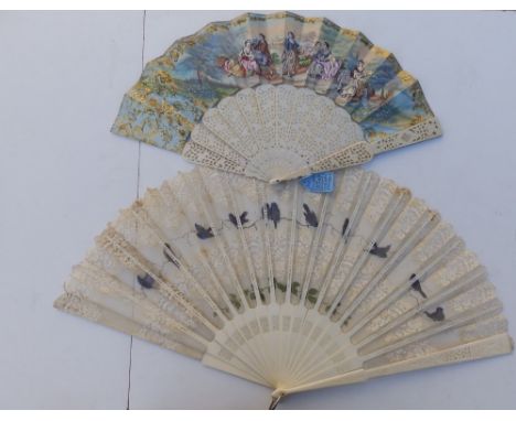 A large 19thC  bone fan, the silk leaf decorated with lace and painted birds,  26" across - one stick incomplete, in Duveller