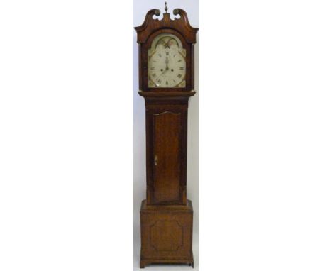 Herring Newark, an 19th Century oak and mahogany crossbanded longcase clock 
The hood with broken arched dial and pillared si