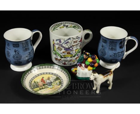 Two Doulton 1897-1997 commemorative Doulton Mark mugs, blue; a small figure, 'The Old Balloon Seller'; a hunting scene small 