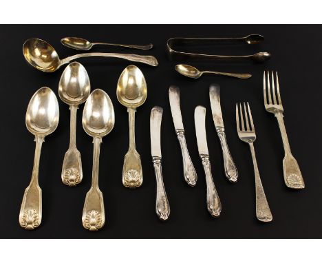 A small quantity of Georgian and Victorian silver, including sugar tongs, sauce ladle and assorted flatware, various dates &a