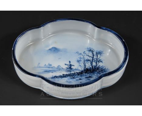 A Daum Nancy glass Delft pin tray, quatrefoil, white opaline glass painted in blue with a windmill and canal, painted enamel 