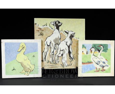Two Minton nursery tiles, printed in a stippled effect, one with a yellow ducking, the other with geese, 15.5cm square approx