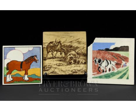 A Minton China Works pottery teapot stand printed with a family of goats; a Carter nursery tile, printed with a ploughing tea