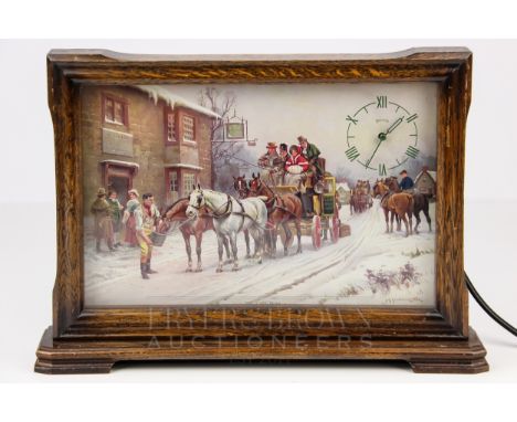 A Smith Art Deco picture clock, coaching scene, original picture by Sanderson-Wells