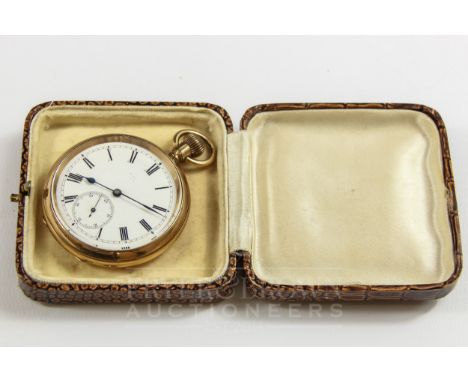 A yellow metal pocket watch, stamped gold filled, with enamel dial