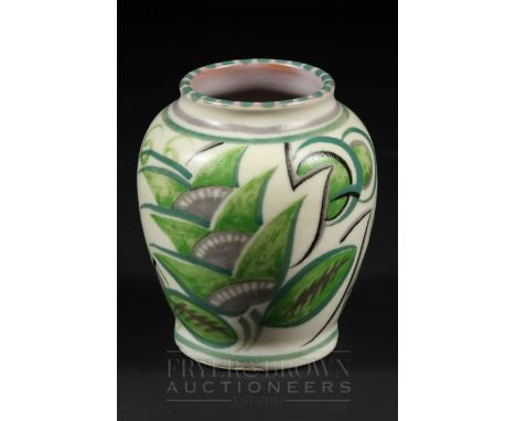 A small Poole Pottery red earthenware vase, GPA pattern, the cream glazed ground decorated with stylised leaves and fronds, t