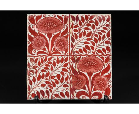A William de Morgan Sunflowers red lustre tile, early Fulham period, Halsey Richards, 1888-1897, impressed mark W de Morgan &