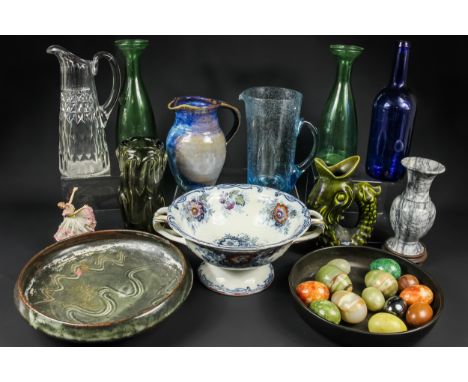 A quantity of ceramics &amp; glass, including an art pottery blue/grey glazed jug, signed to base; two green glass bottles/va