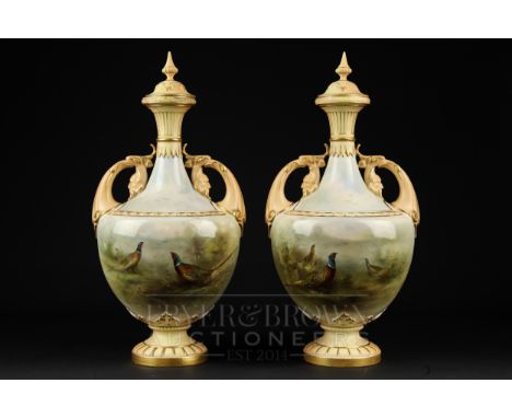 A pair of James Stinton Royal Worcester two-handled vases &amp; covers, signed Jas Stinton, painted with pheasants, shape no.