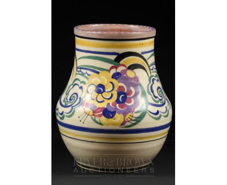 A large Poole Pottery red earthenware vase, DW pattern, the cream ground decorated in polychrome with stylised flowers, decor