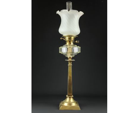 A tall brass oil lamp, 78cm max.
