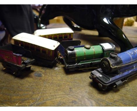 Model Rail; two Chad Valley tin plate locomotives together with two Hornby Pullman tin plate carriages etc, and a large quant