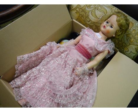 Box containing a mid 20th century doll, bed, miniature globe (a lot)