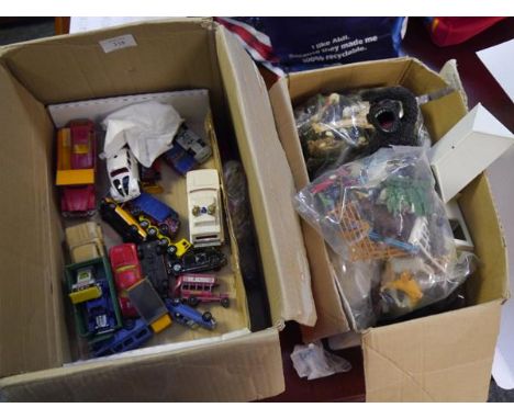 Box of vintage moulded and plastic and farmyard and wild animals, together with Corgi and other model vehicles