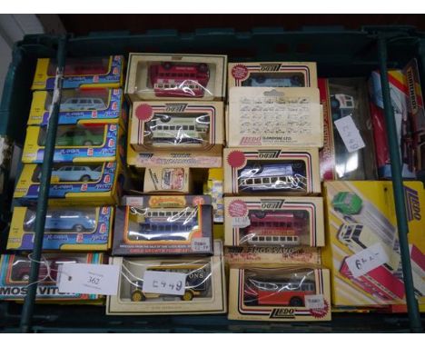 Crate containing a collection of boxed model vehicles including Lledo
