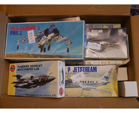 A group of vintage Airfix airplane kits including Hawker Siddeley Buccaneer, Sea Harrier FRS 1 etc