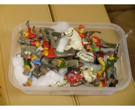 A group of model figures, cowboys, some mounted including a mounted female figure, some John Hill, Timpo etc (20)