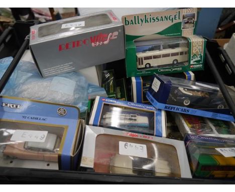 Crate containing a collection of model vehicles including Ballykissangel the original minibus company and the 52 Cadillac 