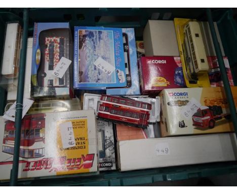 Crate containing a collection of boxed model vehicles including Corgi Classics, The Albion Caledonian and Jacobs Cream Cracke