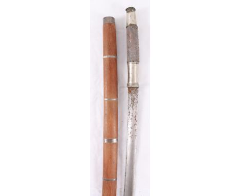 Burmese dha sword with curving T-form blade, shagreen grip and scabbard, blade length 59cm, sword length 79cm