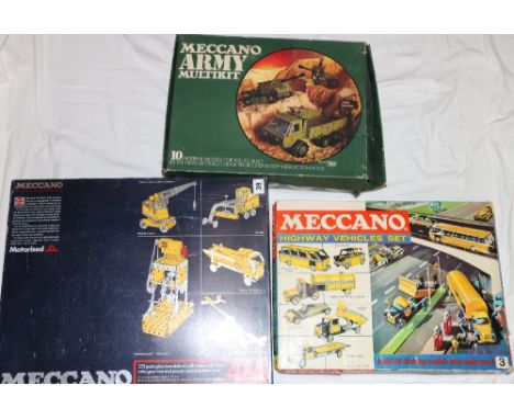 Three Meccano sets 4m, Highway vehicles 3 and Army multikit, boxed (unverified completeness)