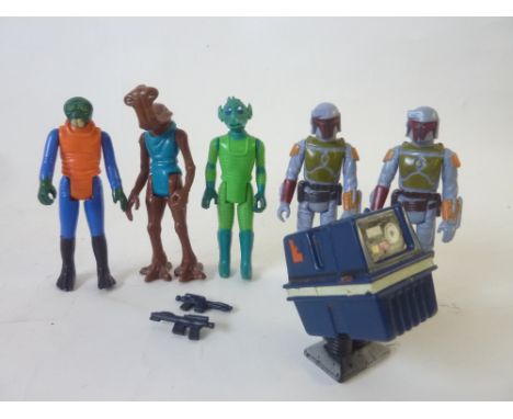 Five Star Wars figures uncluding two Boba Fett dated 1979, Taiwan with Greddo, Walrus Man, Death Droid and Hammer Head 1978 t