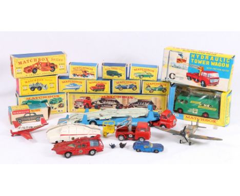 Clifford Series 3052 hydraulic tower wagon, Palitoy 29 Fiat 1000 Lusso Berlina and twelve Matchbox models including M-4 Frueh