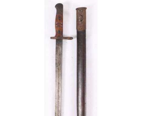 British 1913 pattern P13 sword bayonet having fullered blade with ricasso stamped 1913 SW16 X and wood grip with scabbard, bl